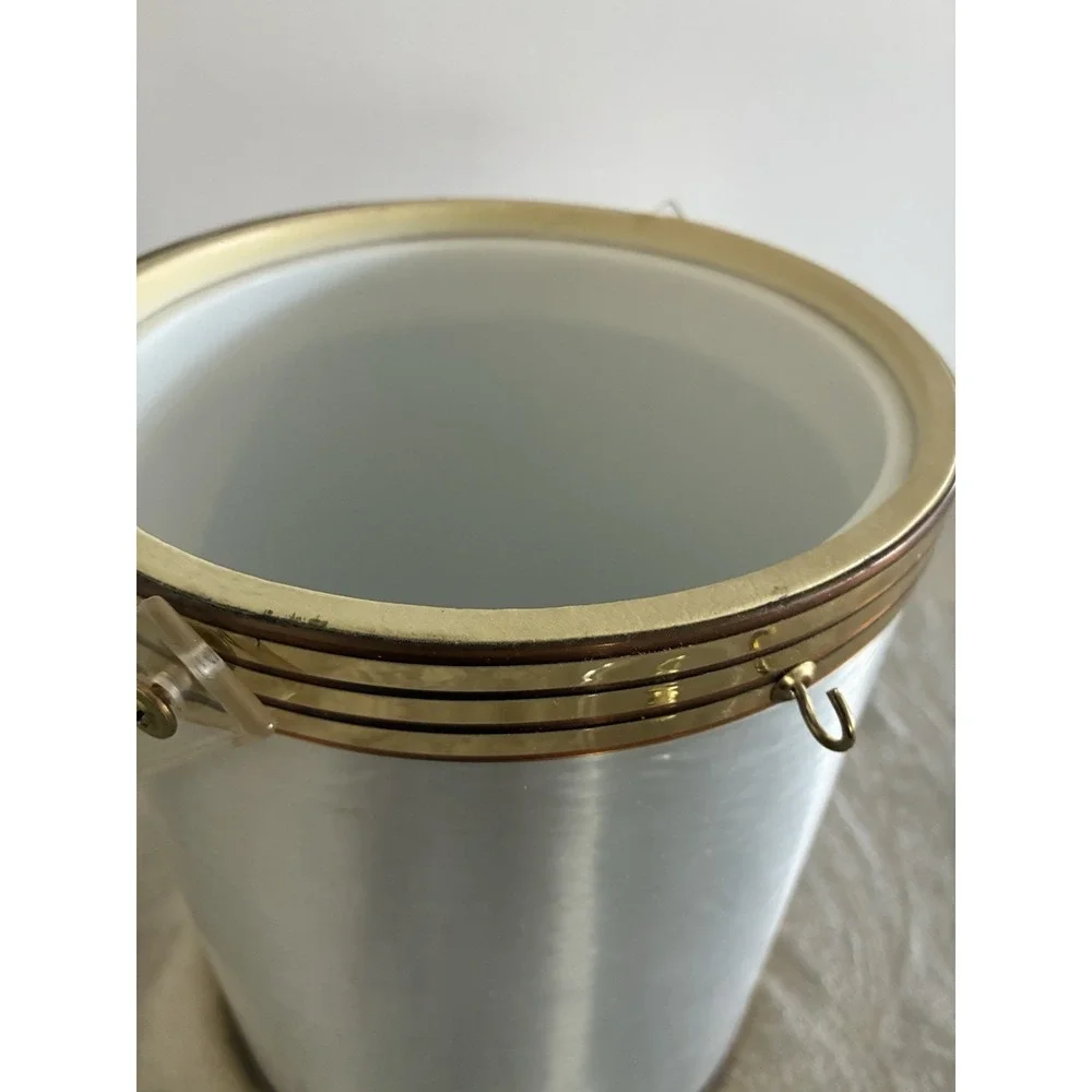 VTG Ice Bucket Silver Vinyl Gold Copper Accents Hooks Barware Shelton MCM *spots